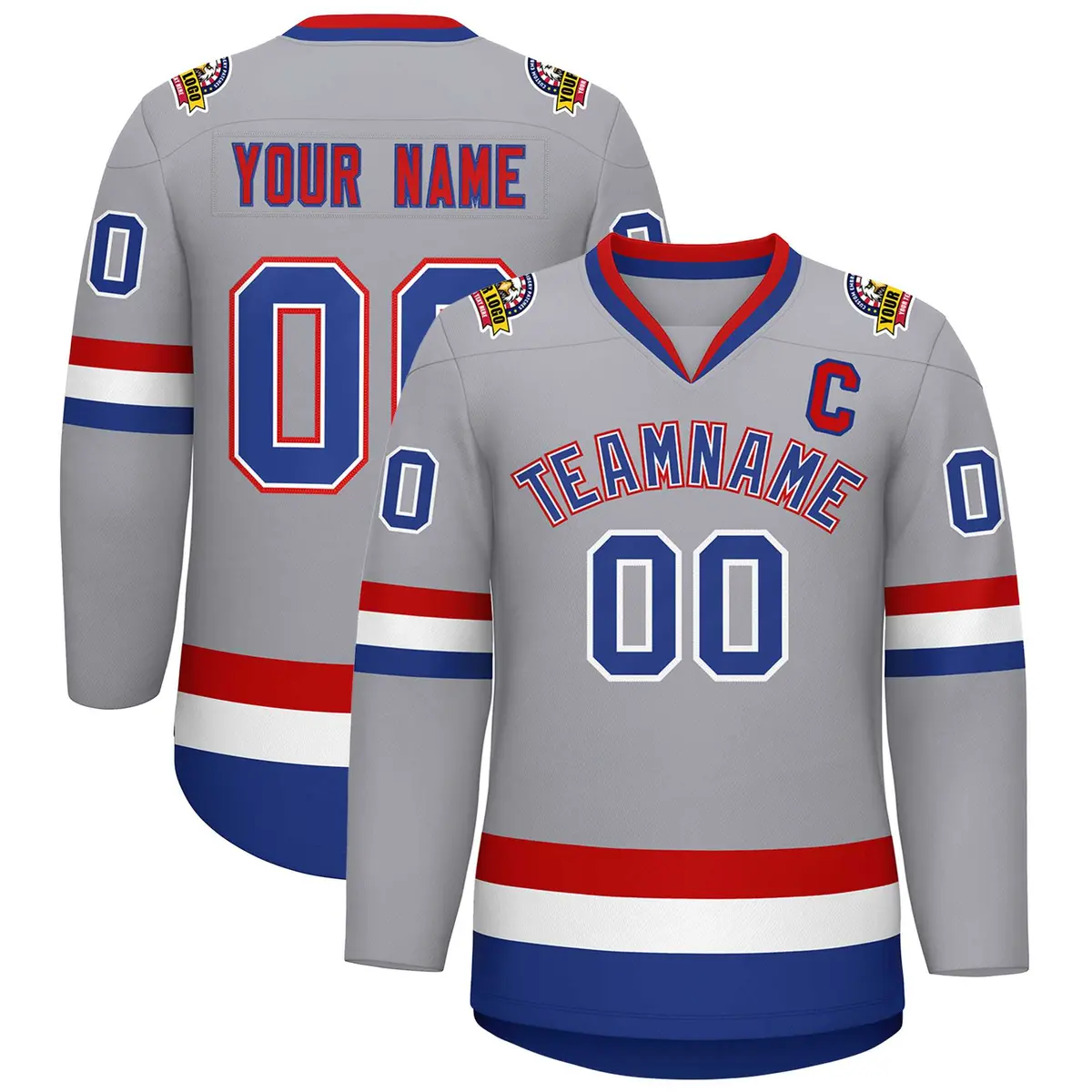 Classic Style Hockey Jersey in Gray Royal White-Red