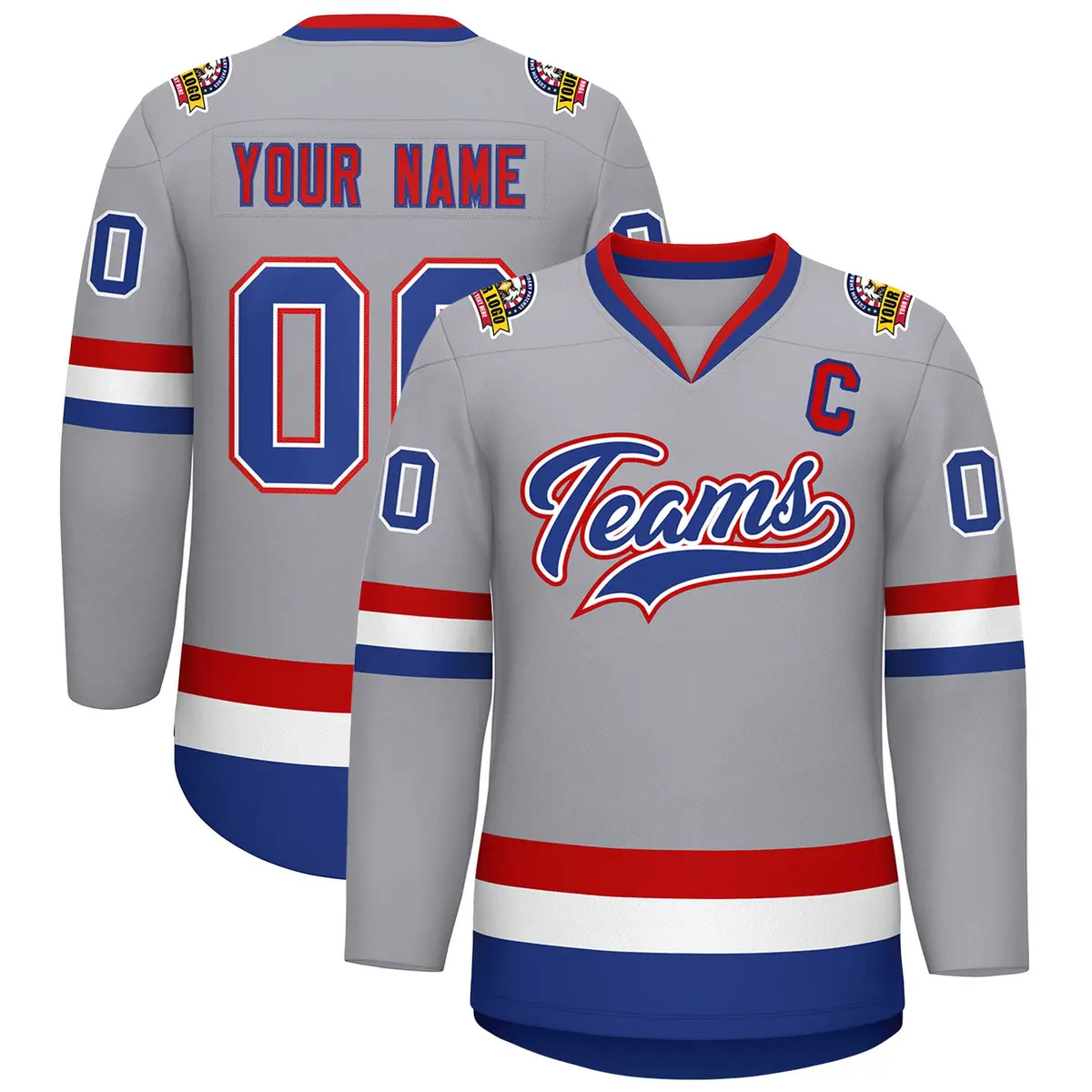 Classic Style Hockey Jersey in Gray Royal White-Red