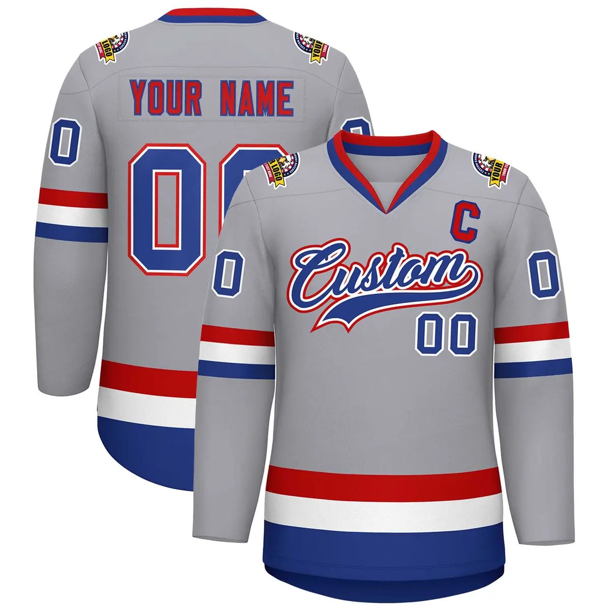 Classic Style Hockey Jersey in Gray Royal White-Red
