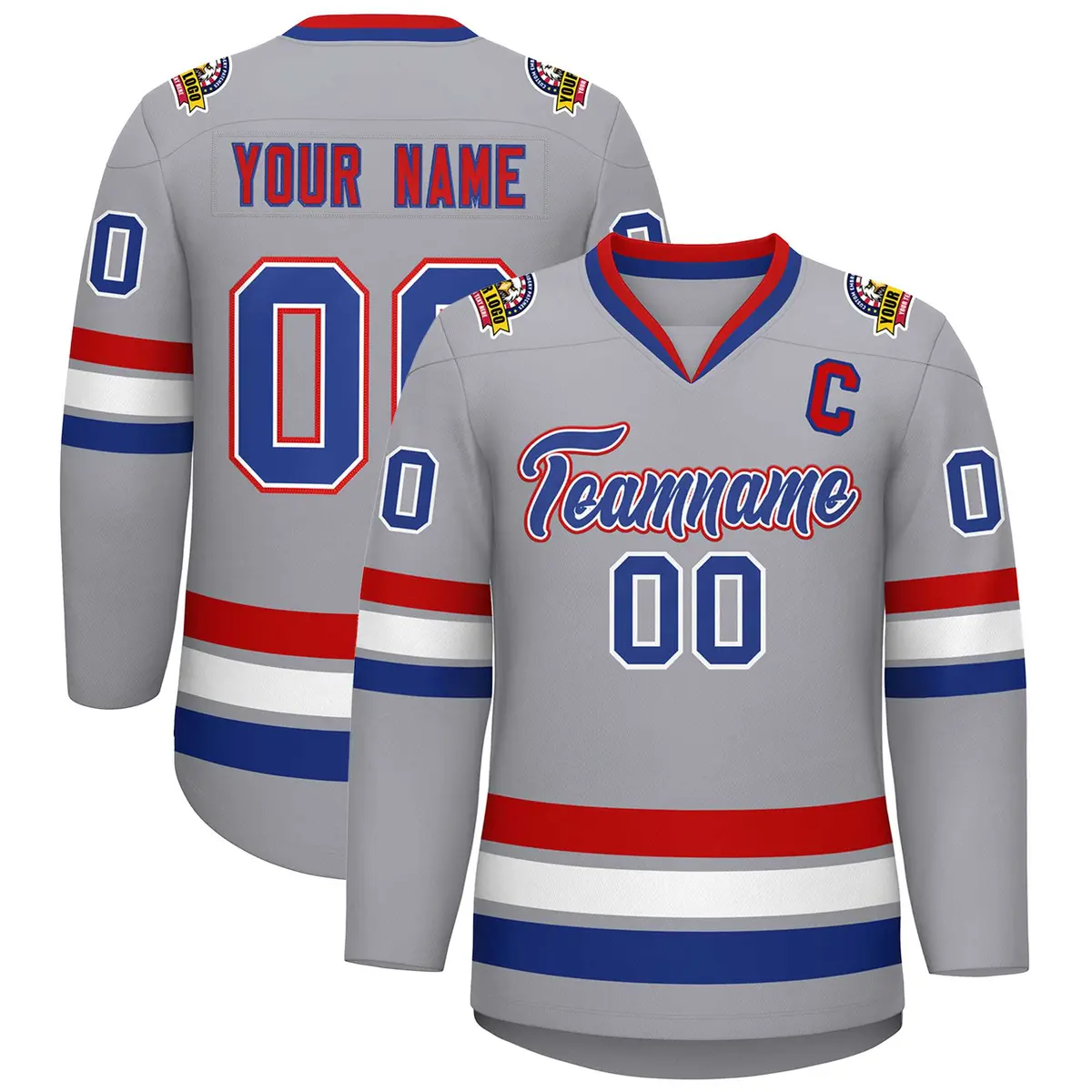 Classic Style Hockey Jersey in Gray Royal White-Red