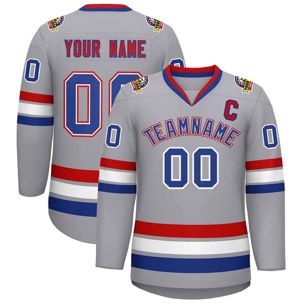 Classic Style Hockey Jersey in Gray Royal White-Red