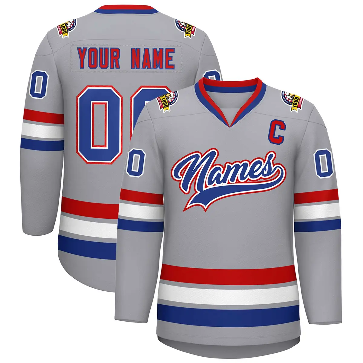 Classic Style Hockey Jersey in Gray Royal White-Red