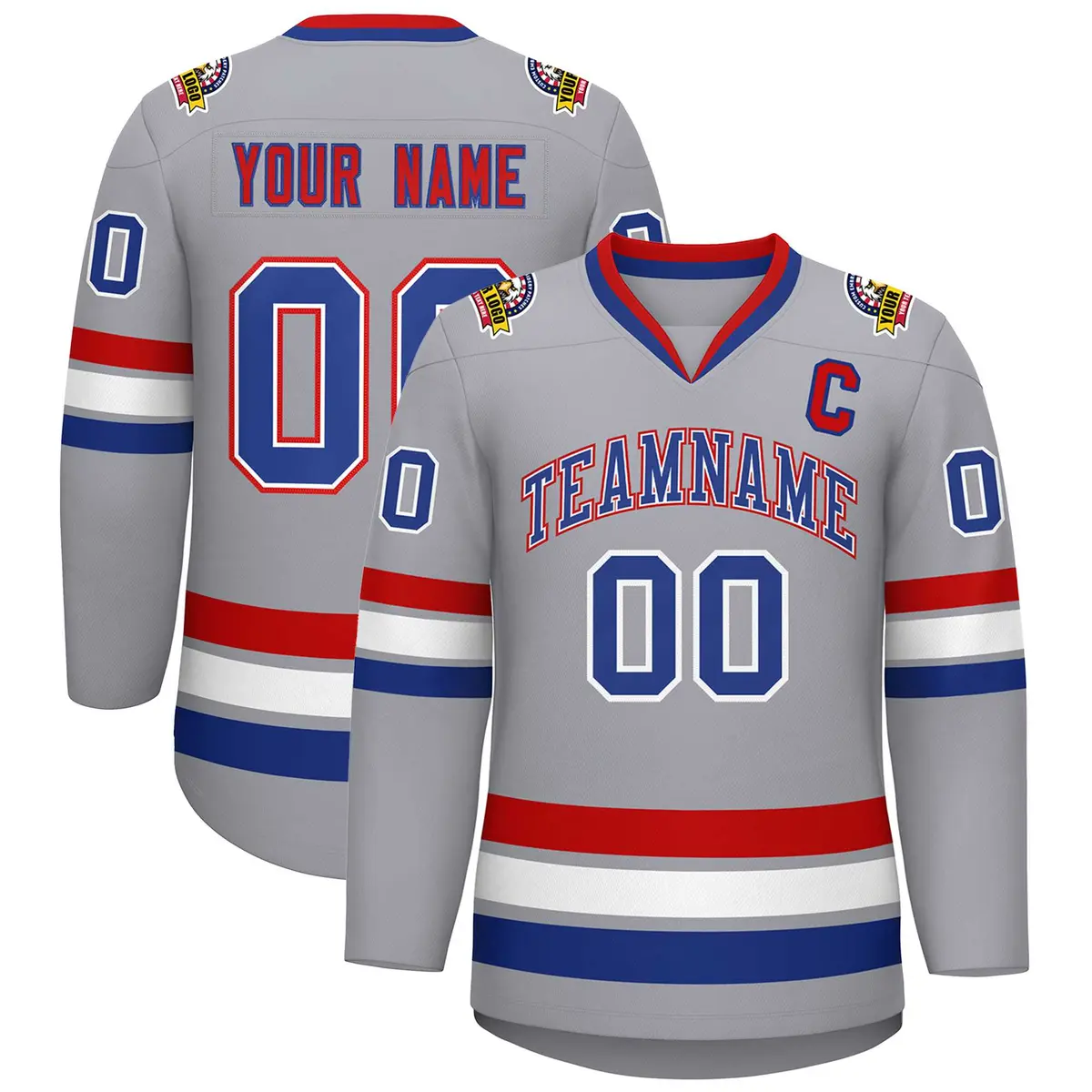 Classic Style Hockey Jersey in Gray Royal White-Red