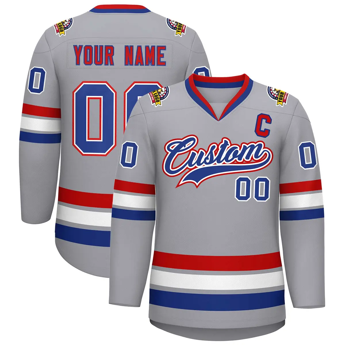 Classic Style Hockey Jersey in Gray Royal White-Red