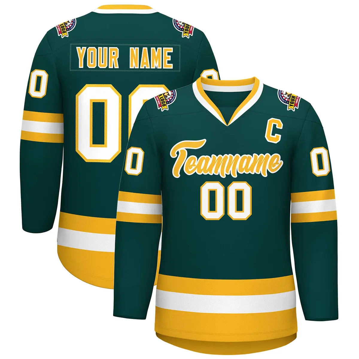 Classic Style Hockey Jersey in Midnight Green Gold-White