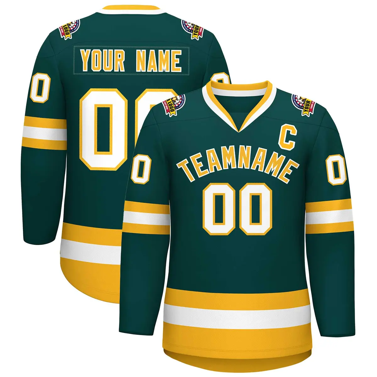 Classic Style Hockey Jersey in Midnight Green Gold-White