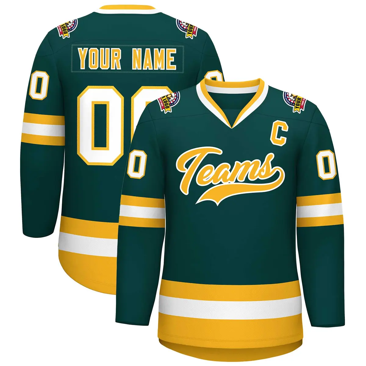 Classic Style Hockey Jersey in Midnight Green Gold-White