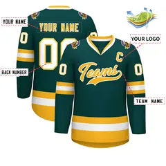 Classic Style Hockey Jersey in Midnight Green Gold-White 2