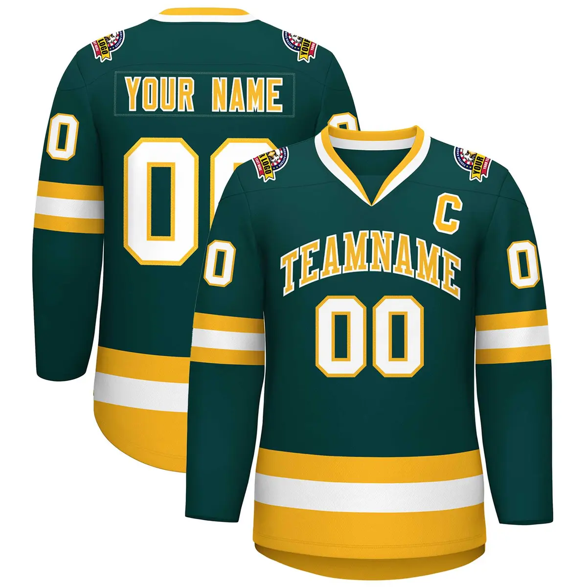 Classic Style Hockey Jersey in Midnight Green Gold-White