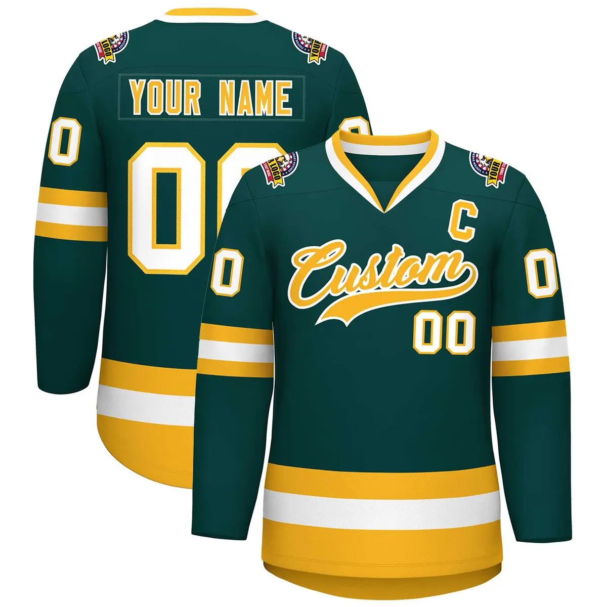 Classic Style Hockey Jersey in Midnight Green Gold-White
