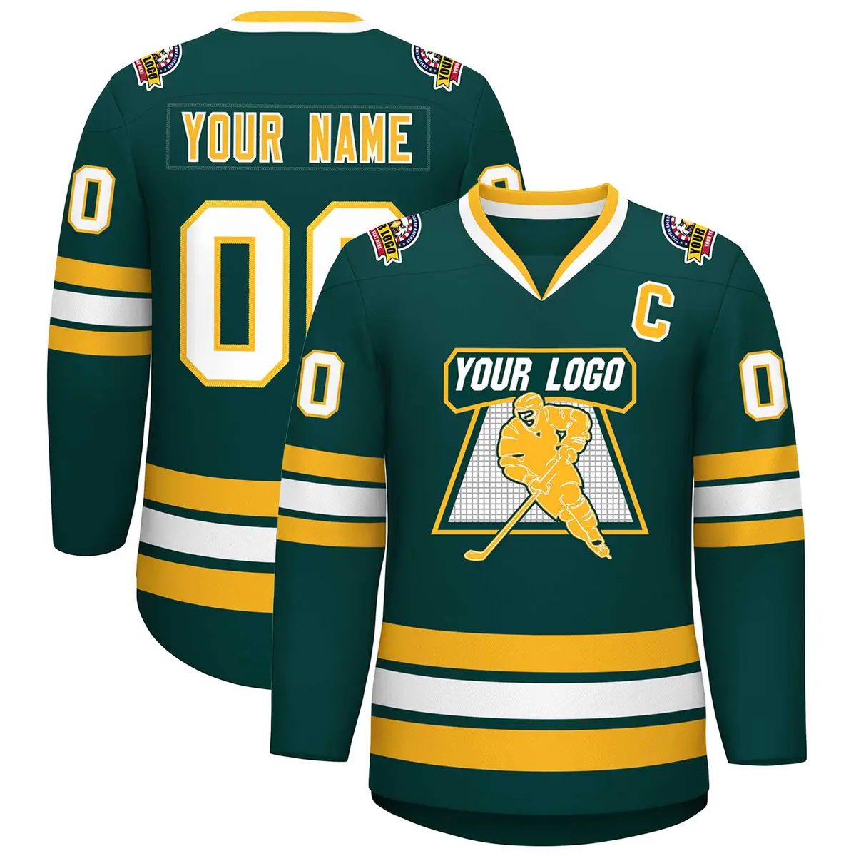 Classic Style Hockey Jersey in Midnight Green Gold-White