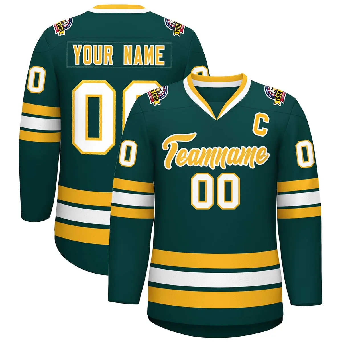 Classic Style Hockey Jersey in Midnight Green Gold-White