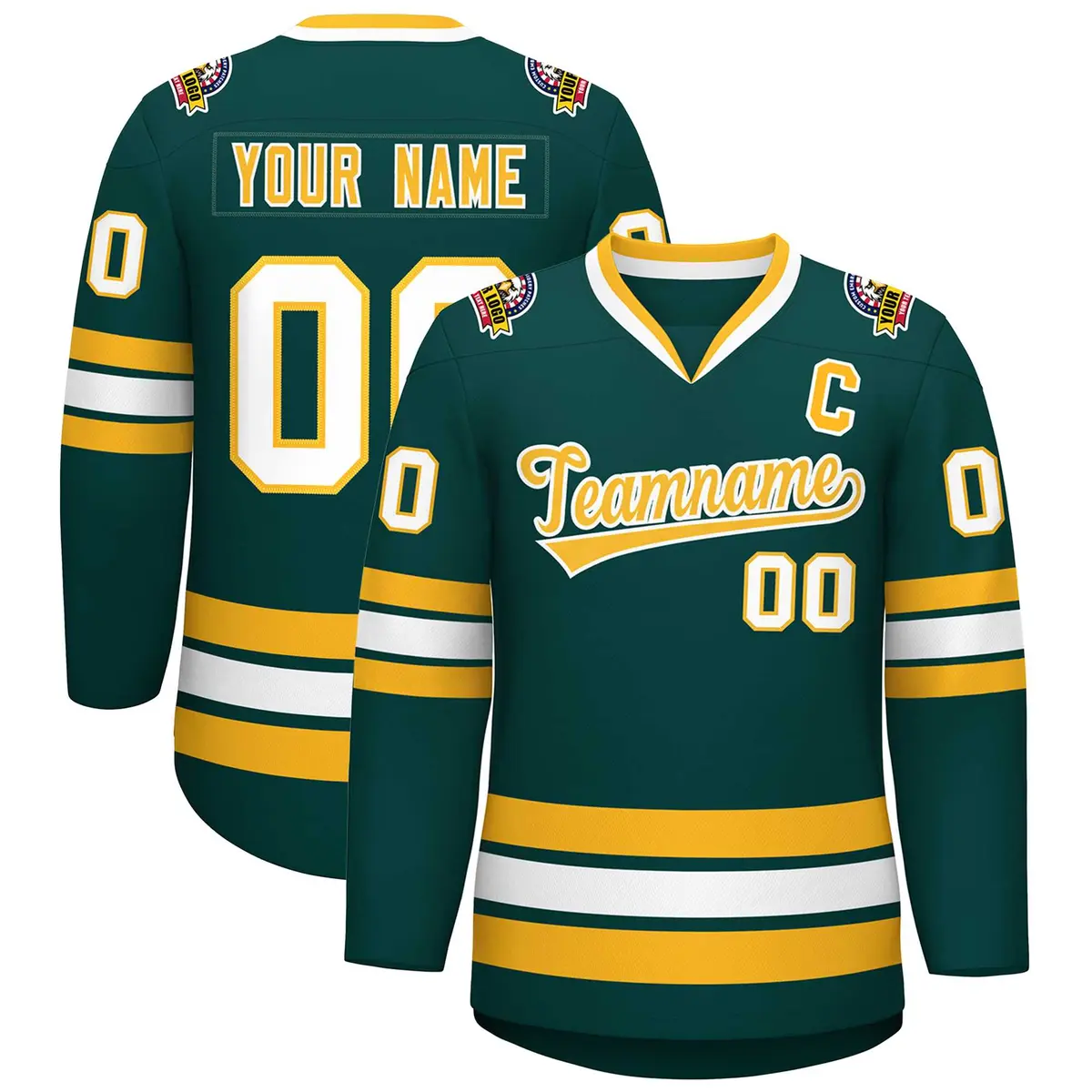 Classic Style Hockey Jersey in Midnight Green Gold-White