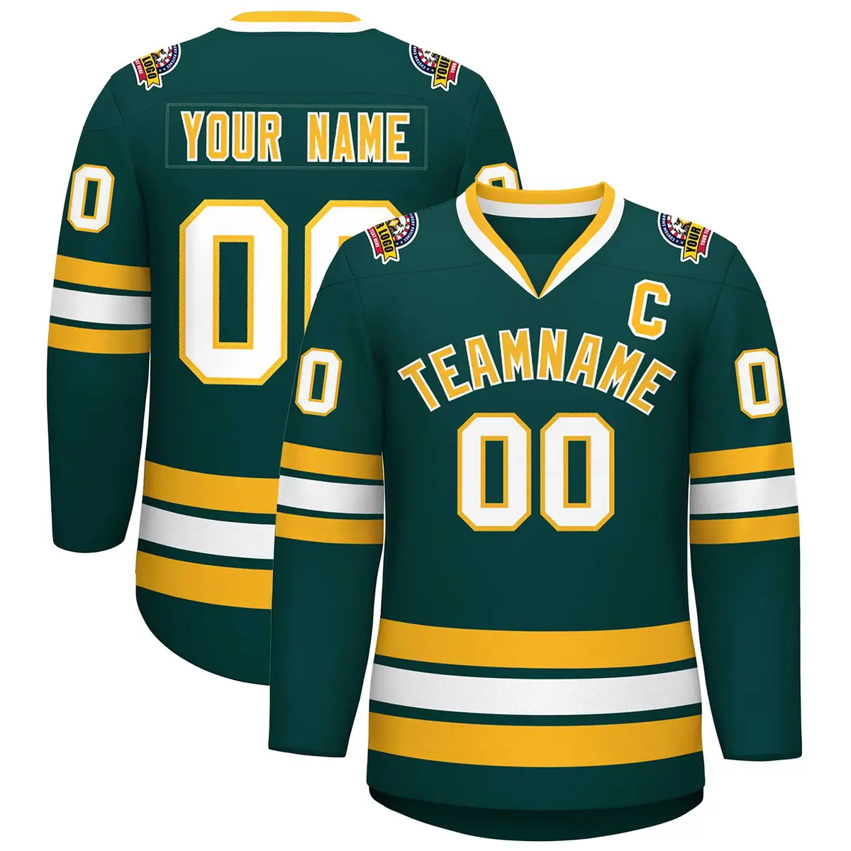 Classic Style Hockey Jersey in Midnight Green Gold-White