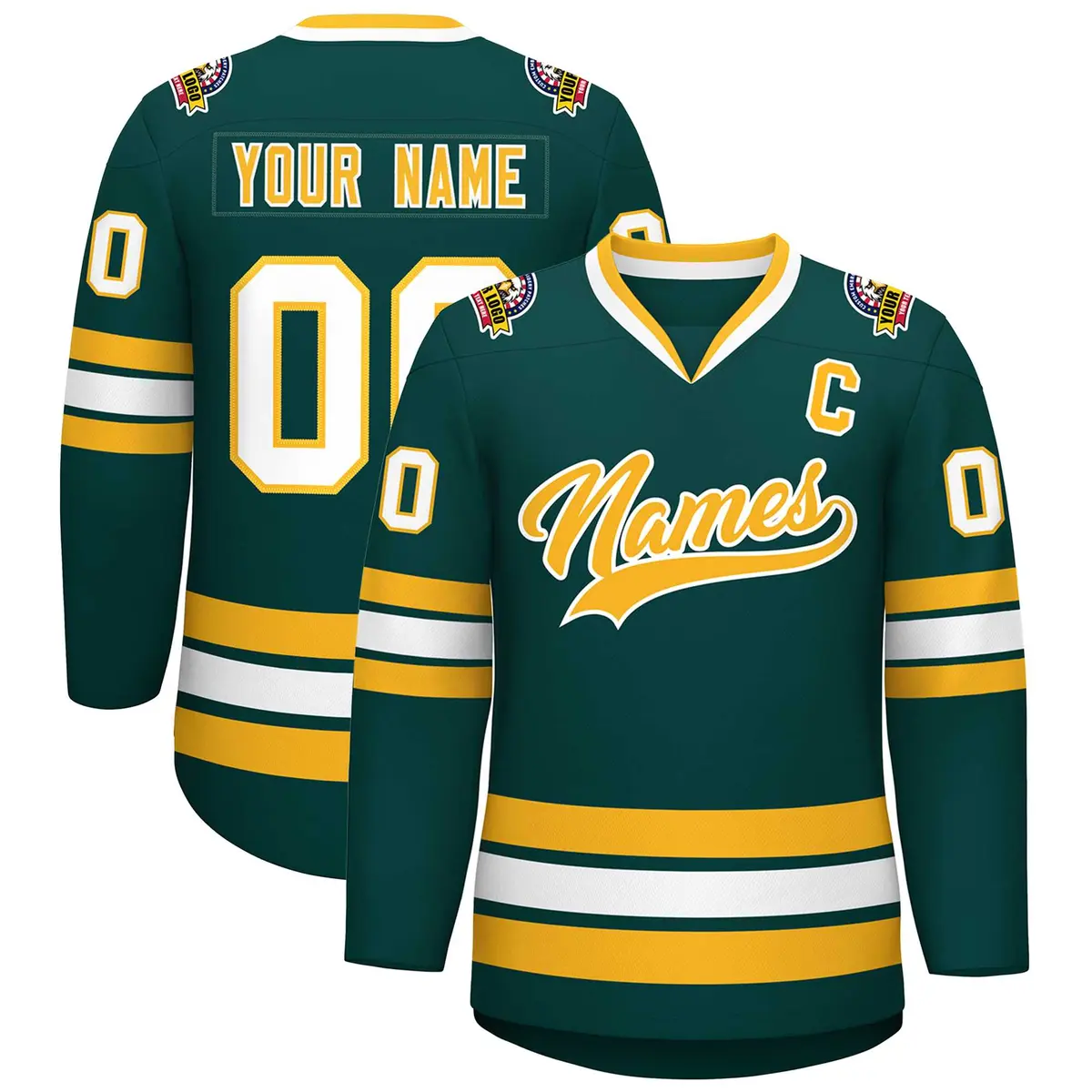 Classic Style Hockey Jersey in Midnight Green Gold-White