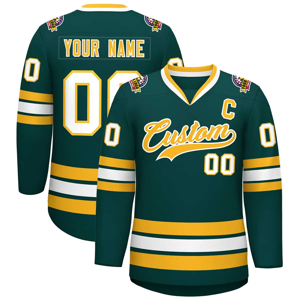 Classic Style Hockey Jersey in Midnight Green Gold-White