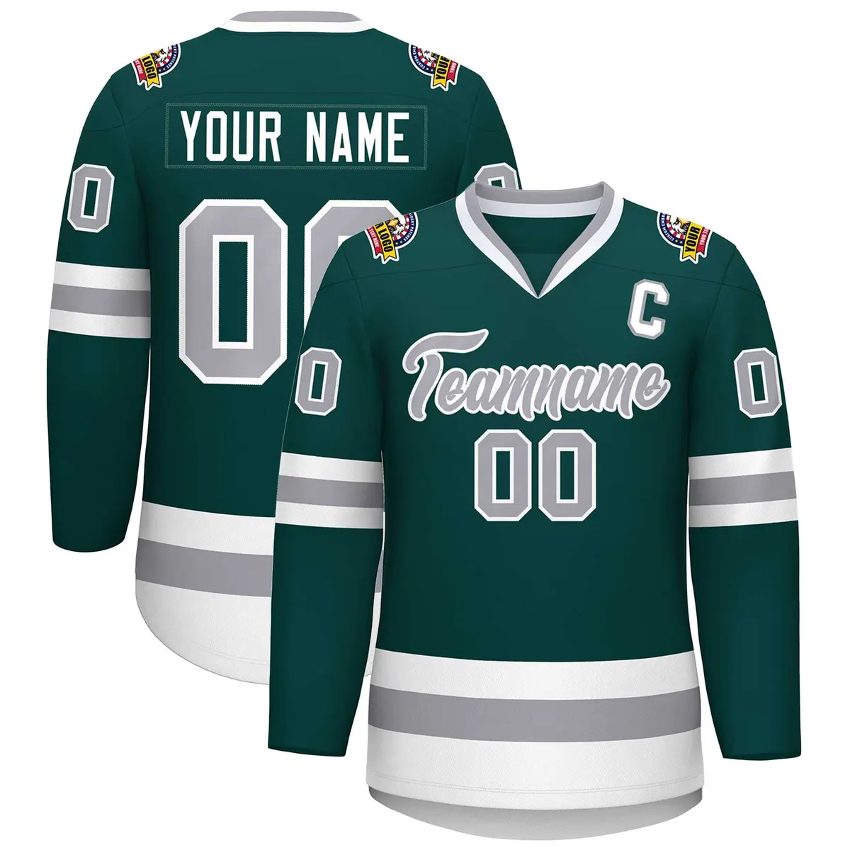 Classic Style Hockey Jersey in Midnight Green Gray-White