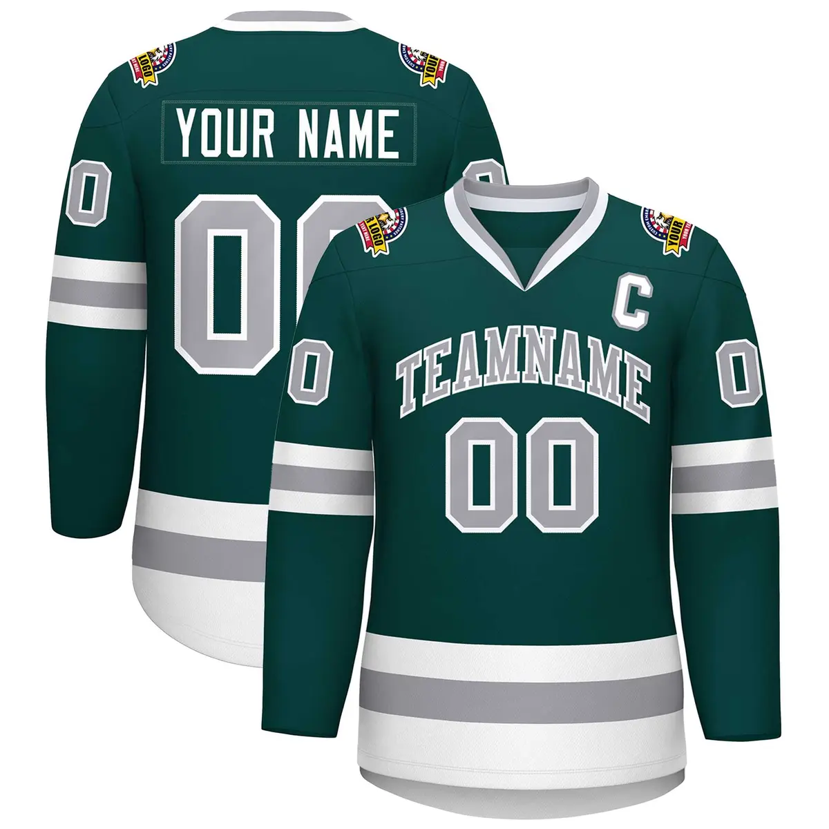 Classic Style Hockey Jersey in Midnight Green Gray-White