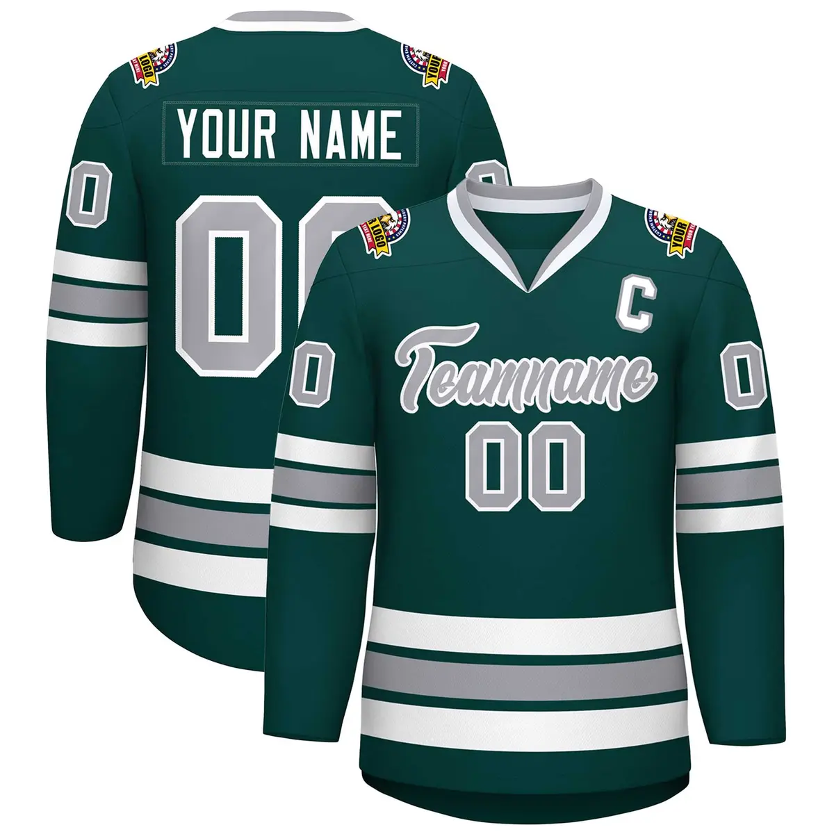 Classic Style Hockey Jersey in Midnight Green Gray-White
