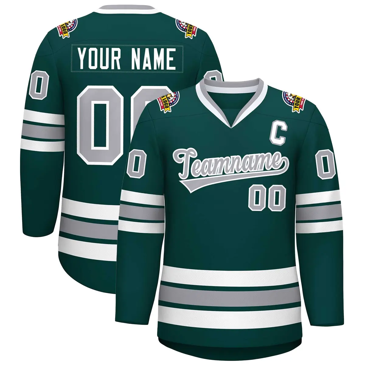 Classic Style Hockey Jersey in Midnight Green Gray-White