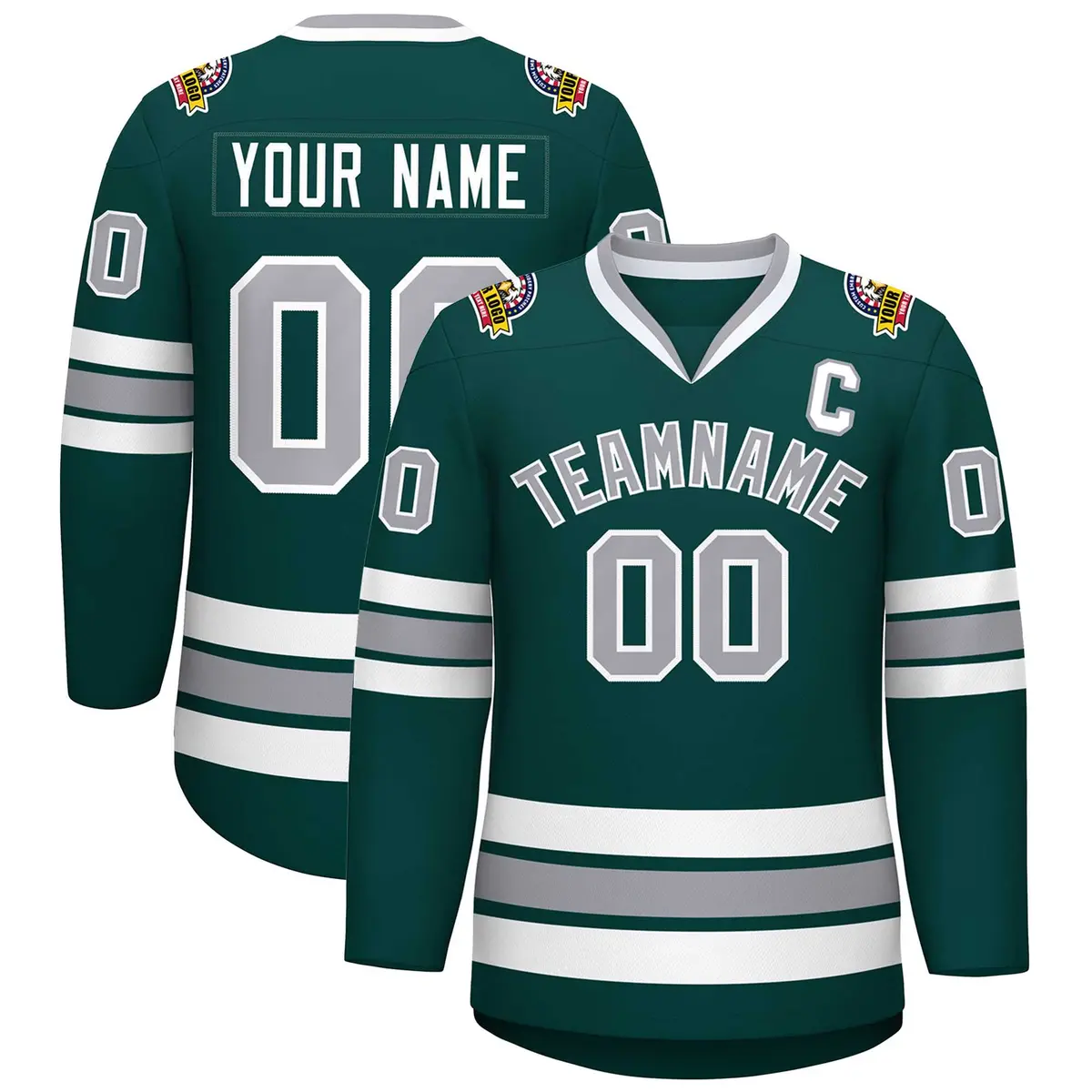 Classic Style Hockey Jersey in Midnight Green Gray-White