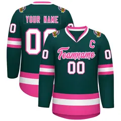 Classic Style Hockey Jersey in Midnight Green Pink-White 1