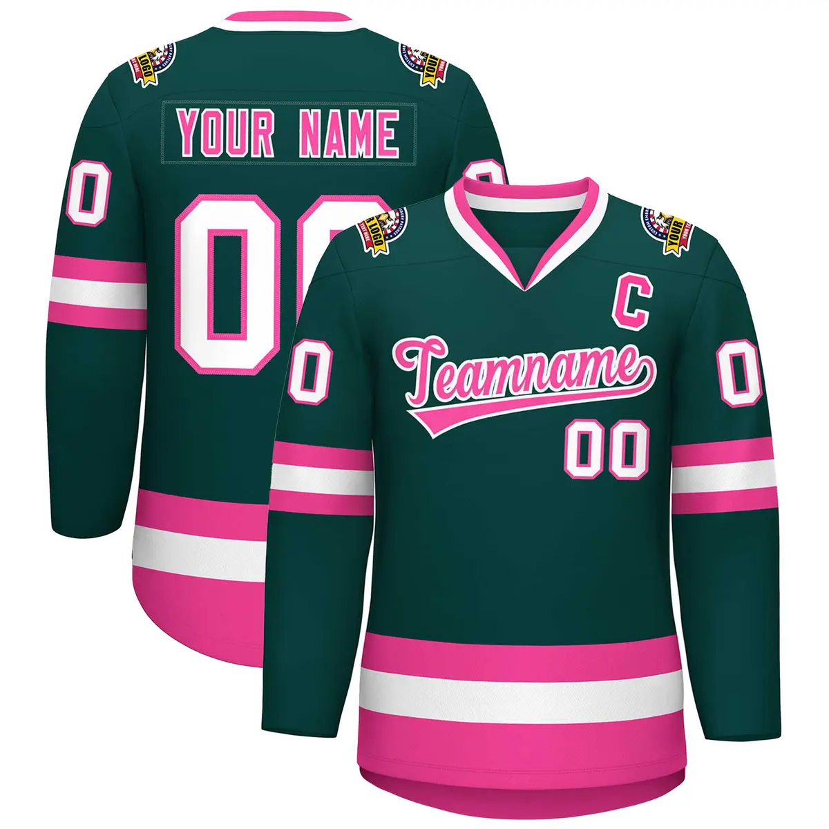 Classic Style Hockey Jersey in Midnight Green Pink-White