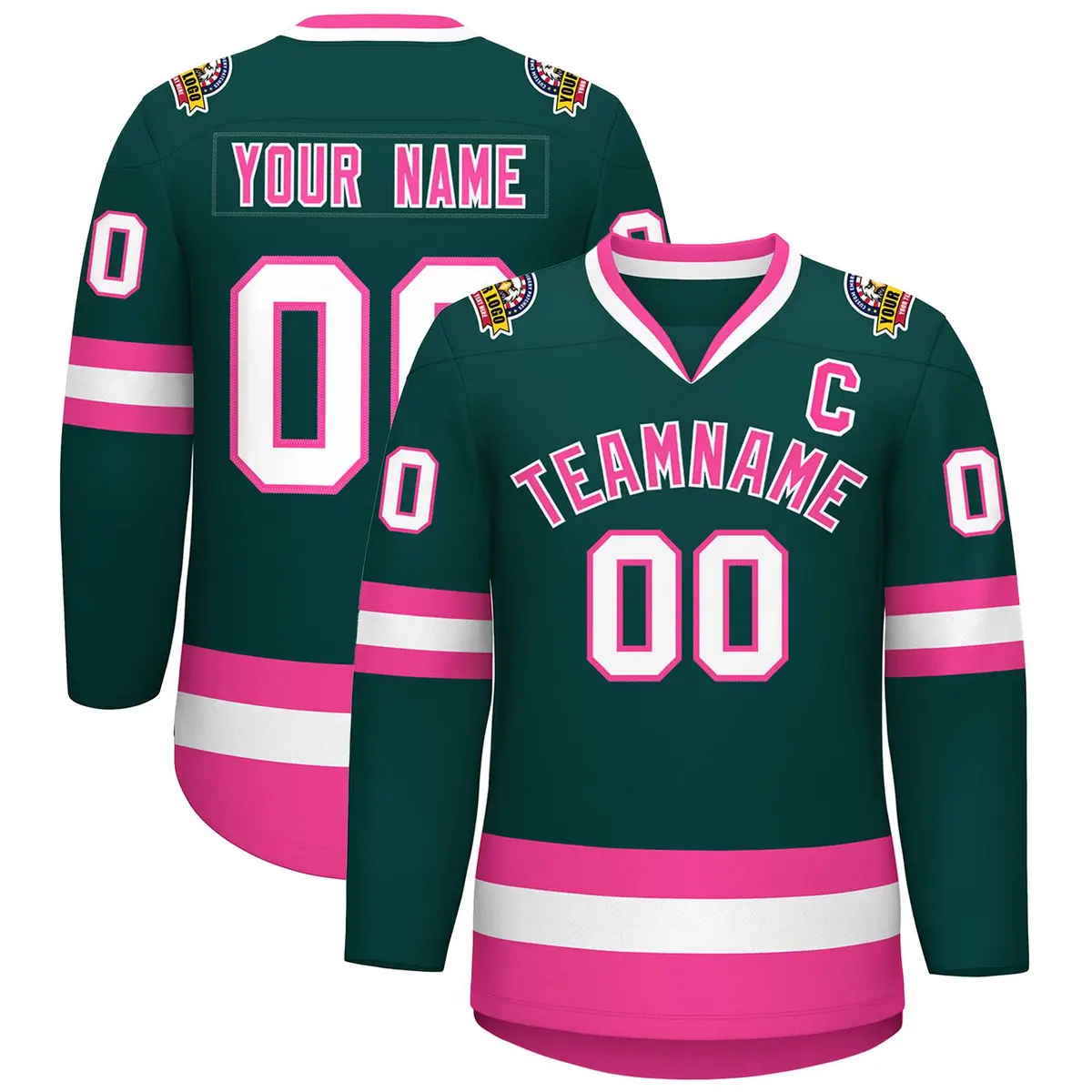 Classic Style Hockey Jersey in Midnight Green Pink-White