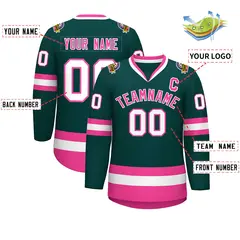 Classic Style Hockey Jersey in Midnight Green Pink-White 2