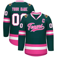 Classic Style Hockey Jersey in Midnight Green Pink-White 1