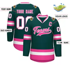 Classic Style Hockey Jersey in Midnight Green Pink-White 2