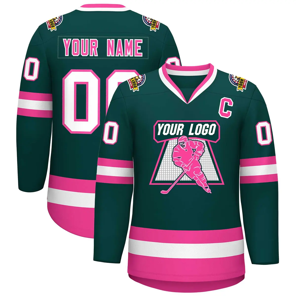 Classic Style Hockey Jersey in Midnight Green Pink-White