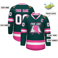 Classic Style Hockey Jersey in Midnight Green Pink-White 2