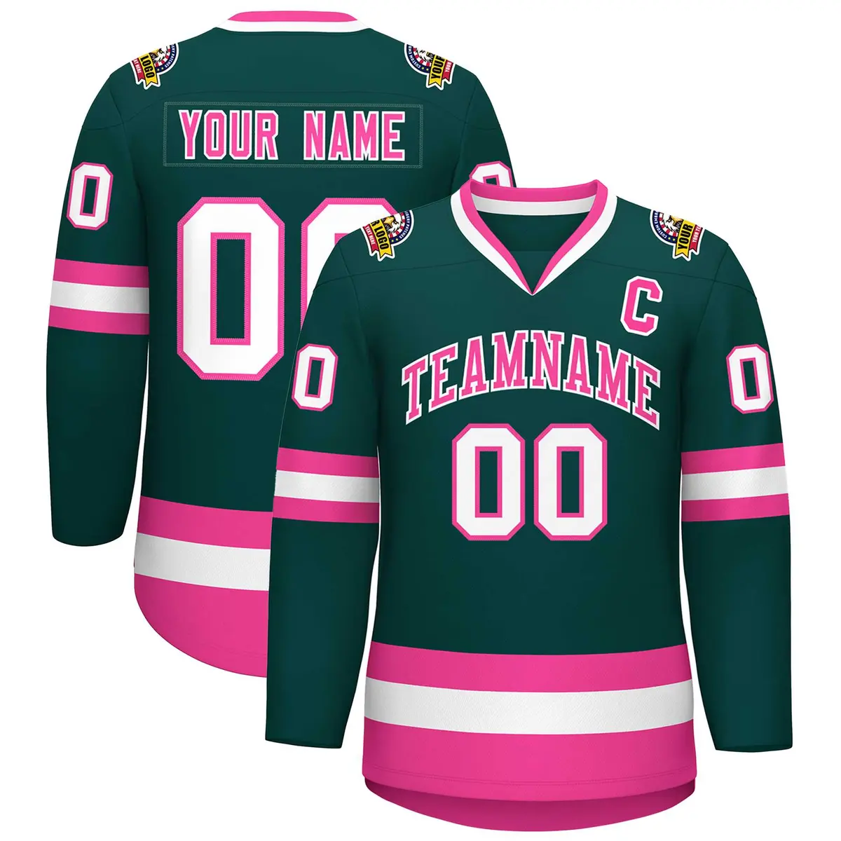 Classic Style Hockey Jersey in Midnight Green Pink-White