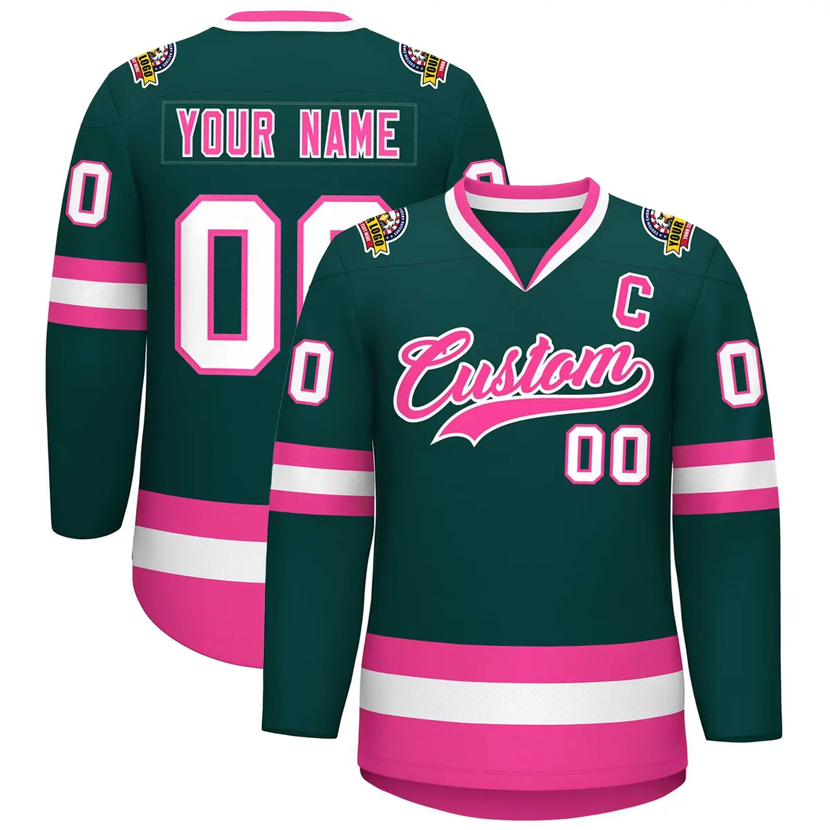 Classic Style Hockey Jersey in Midnight Green Pink-White