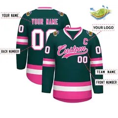 Classic Style Hockey Jersey in Midnight Green Pink-White 2