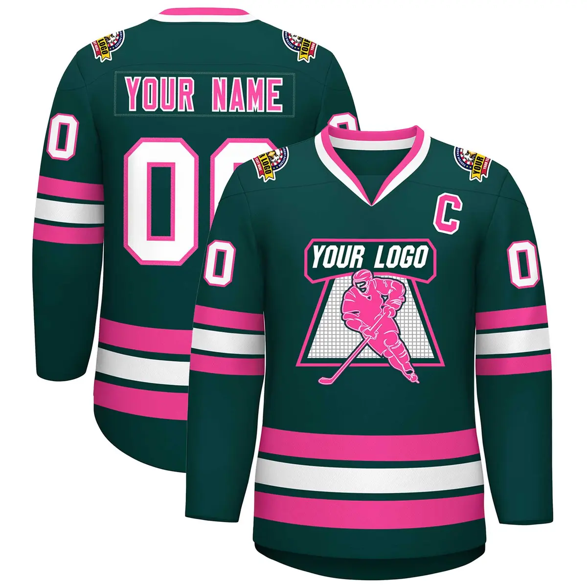 Classic Style Hockey Jersey in Midnight Green Pink-White
