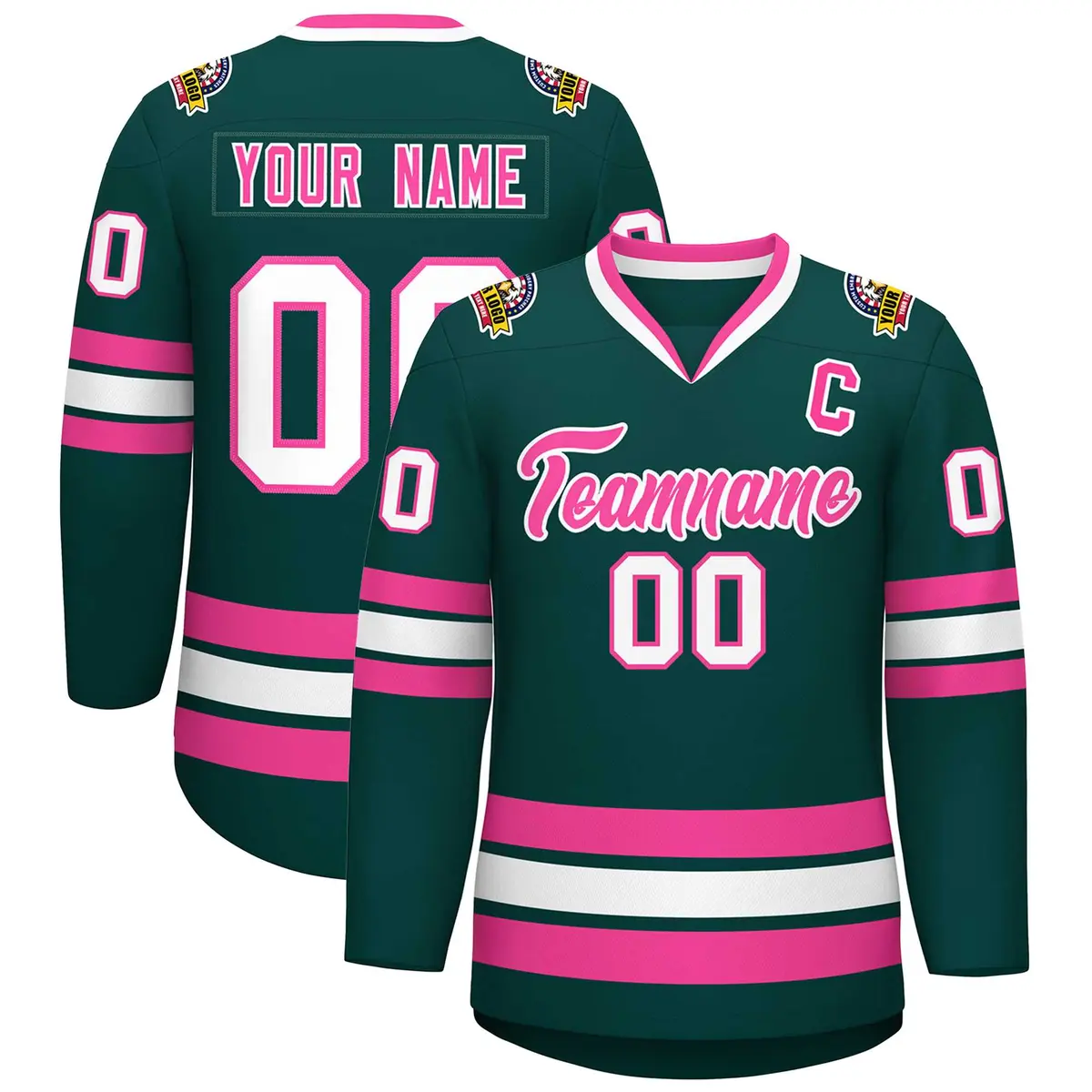 Classic Style Hockey Jersey in Midnight Green Pink-White