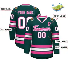 Classic Style Hockey Jersey in Midnight Green Pink-White 2