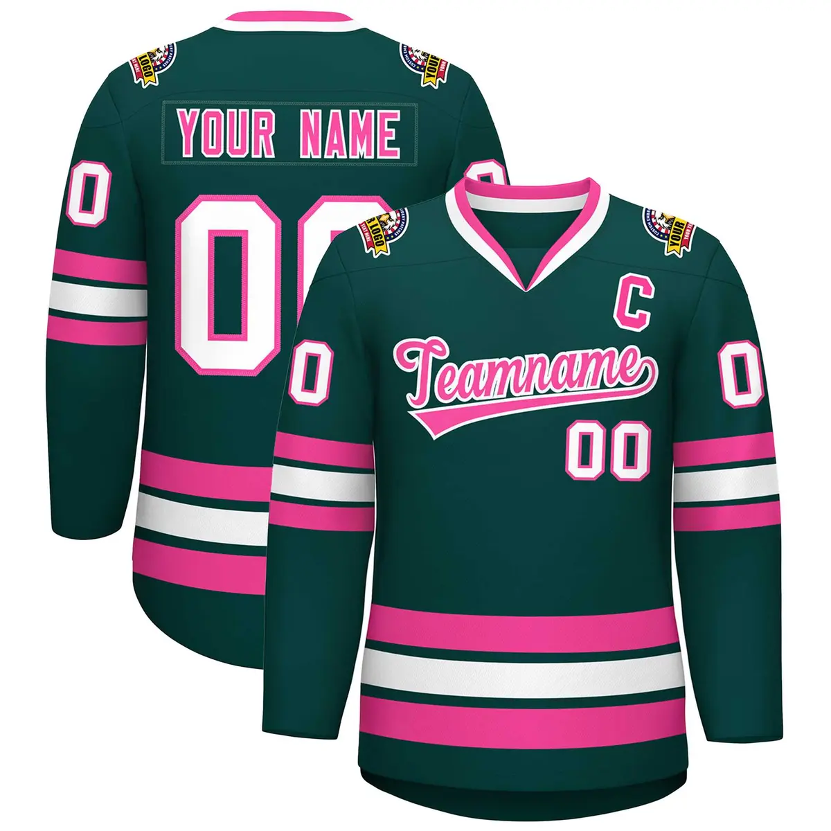 Classic Style Hockey Jersey in Midnight Green Pink-White