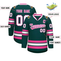 Classic Style Hockey Jersey in Midnight Green Pink-White 2