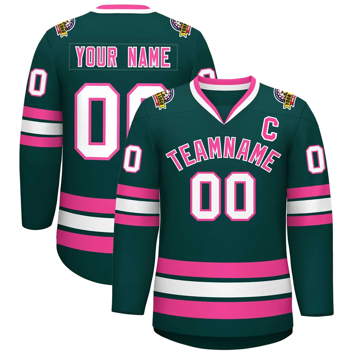 Classic Style Hockey Jersey in Midnight Green Pink-White