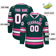 Classic Style Hockey Jersey in Midnight Green Pink-White 2