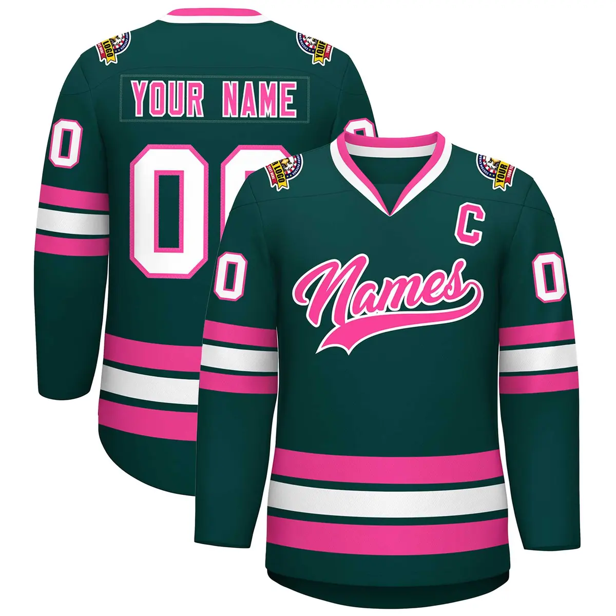 Classic Style Hockey Jersey in Midnight Green Pink-White