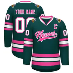 Classic Style Hockey Jersey in Midnight Green Pink-White