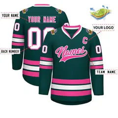 Classic Style Hockey Jersey in Midnight Green Pink-White 2
