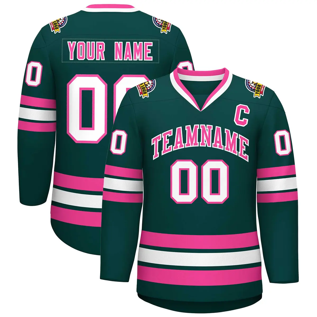 Classic Style Hockey Jersey in Midnight Green Pink-White
