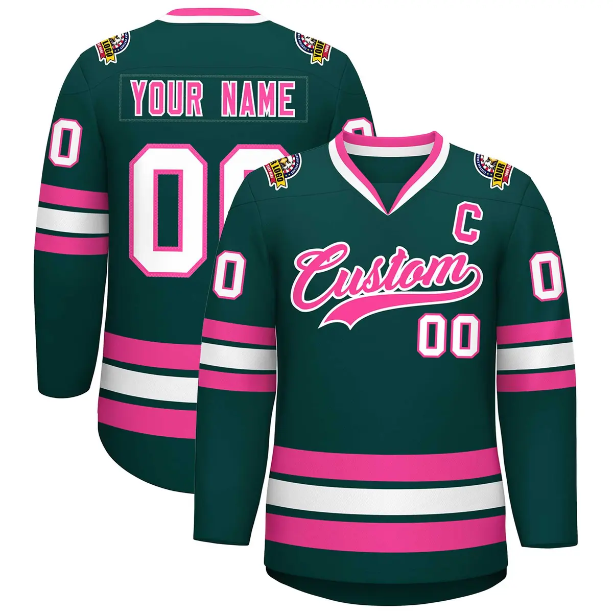 Classic Style Hockey Jersey in Midnight Green Pink-White