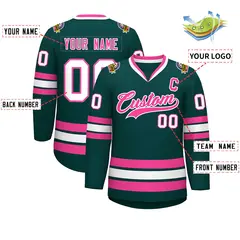Classic Style Hockey Jersey in Midnight Green Pink-White 2