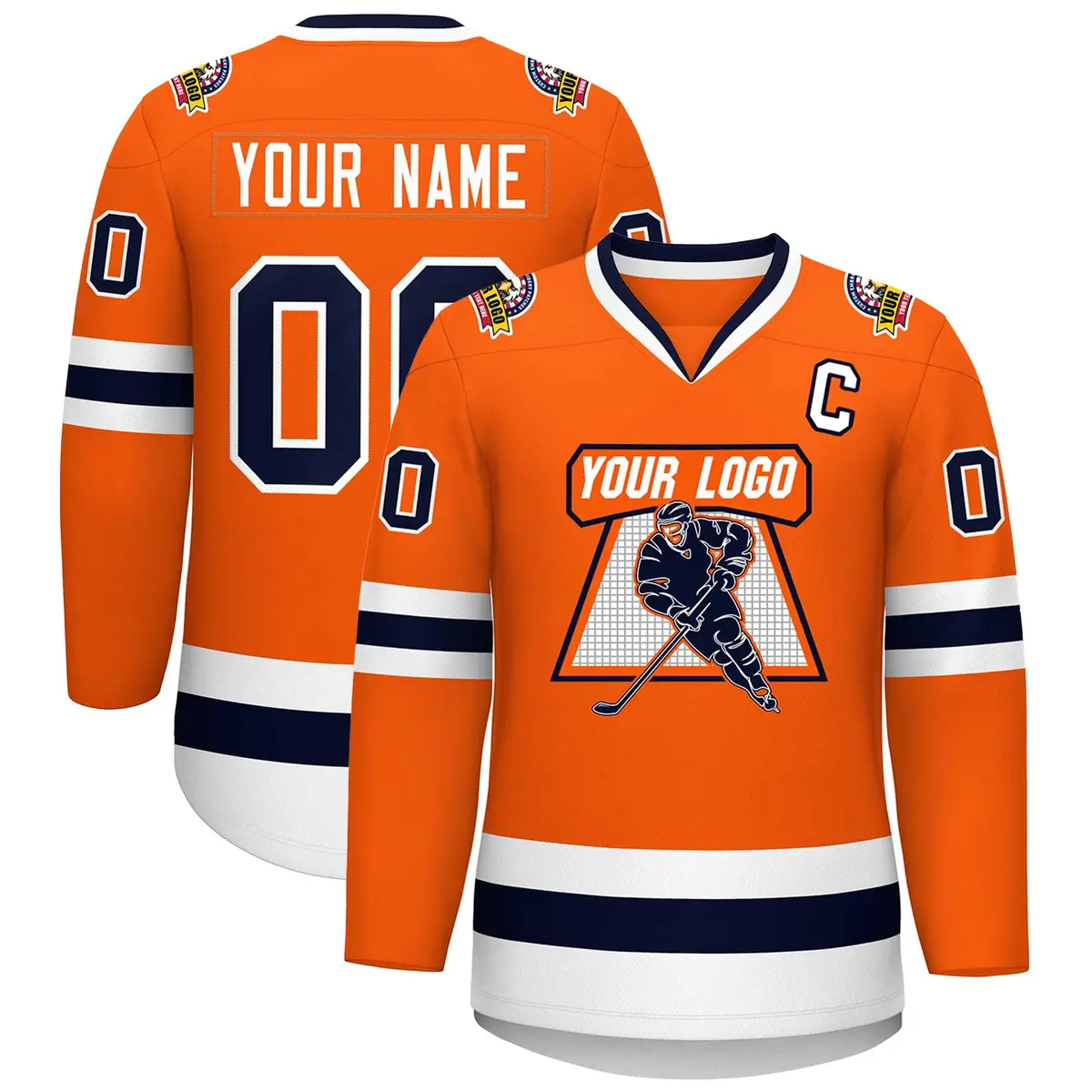 Classic Style Hockey Jersey in Orange Navy-White